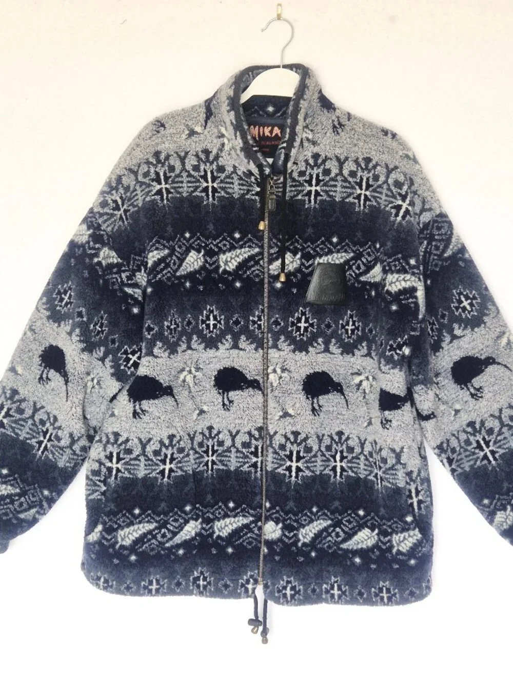 Vintage Mika New Zealand Kiwi Fern Nordic Fleece Jacket Zip-Up Pocket Blue Grey